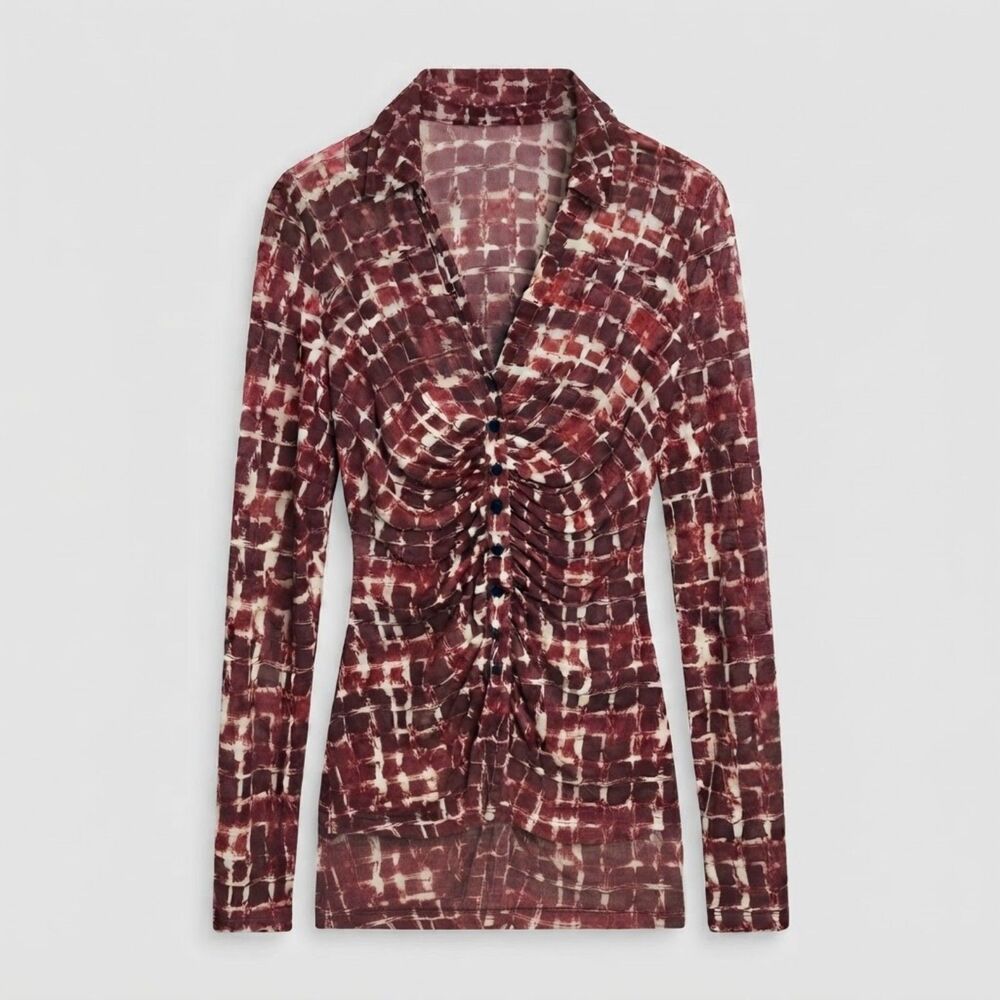 Burgundy Plaid Ruched Mesh Long Sleeve Top V-Neck Collared S